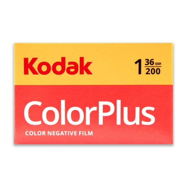 A close-up image of Kodak ColorPlus 200 Color Negative Film in 35mm roll format, featuring the iconic Kodak branding and packaging, ideal for capturing sharp, natural, and vibrant photographs with fine grain and ISO 200 sensitivity.