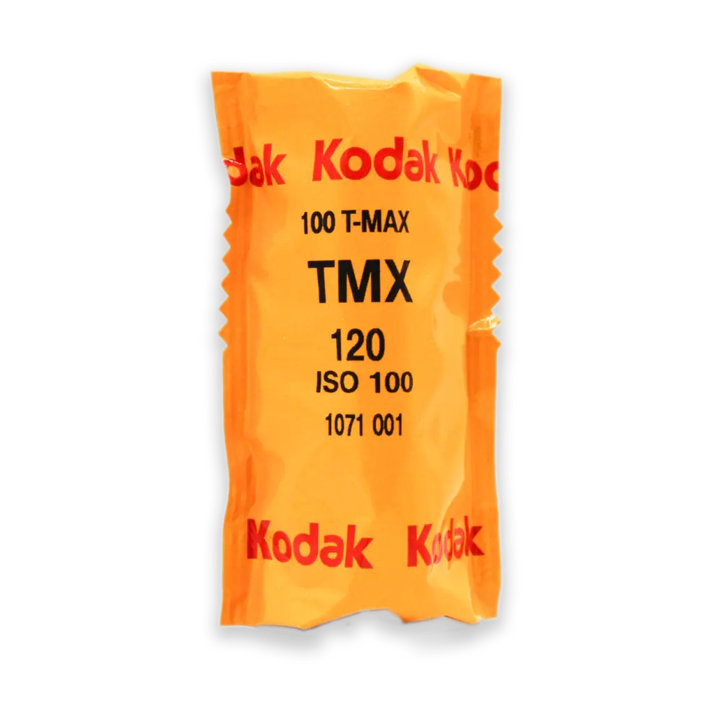 A close-up image of Kodak Professional T-Max 100 Black and White Negative Film in 120 roll format, featuring the iconic Kodak branding, showcasing its packaging for capturing high-resolution, sharp, and fine-grain black and white photographs.