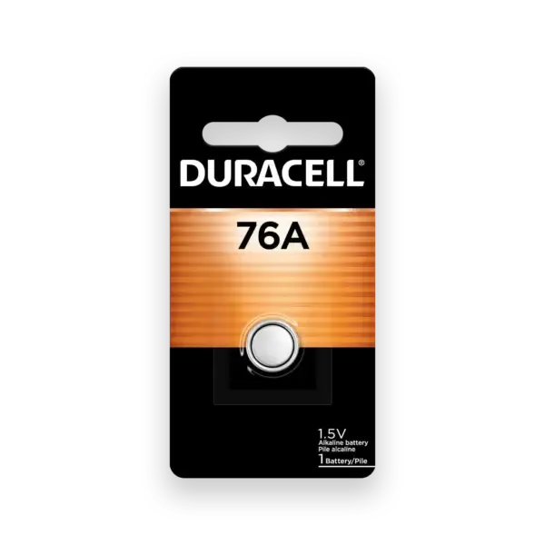 A high-quality Duracell 76A LR44 1.5V Alkaline Battery ideal for small electronic devices like watches and calculators, offering long-lasting power.