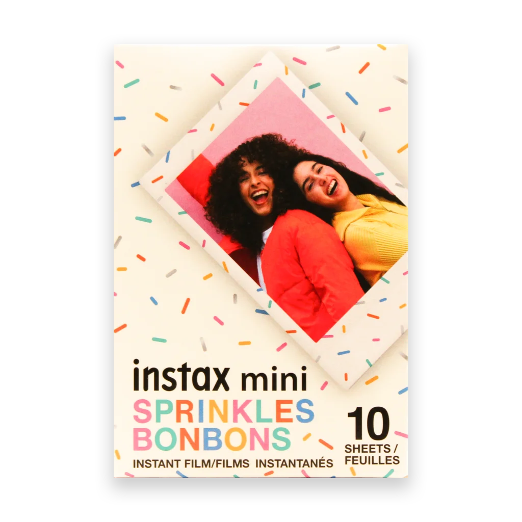 Fujifilm Instax Mini Sprinkles Film pack with 10 exposures, each photo framed with a colorful sprinkle border for added fun and creativity.