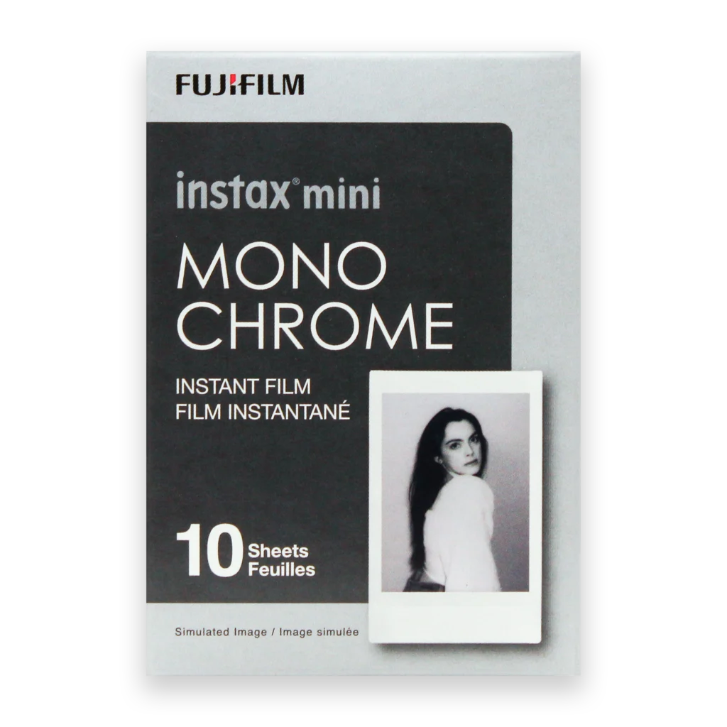 Fujifilm Instax Mini Monochrome Film with 10 exposures, black-and-white instant film for high-contrast, classic photos.