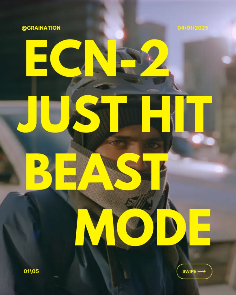 Promotional image showcasing Graination’s ECN-2 film processing service with next-day turnaround and $8 pricing.